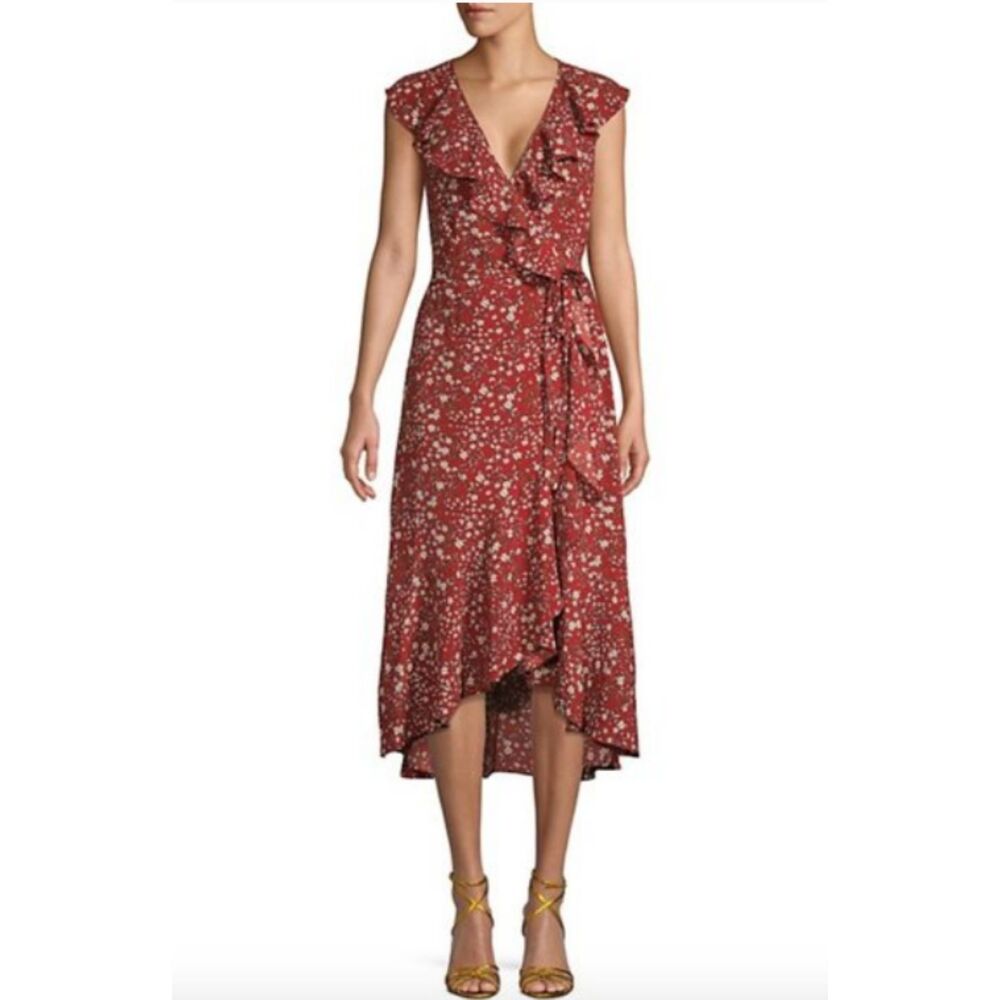 Max Studio Rust Floral Ruffle High Low Wrap Midi Dress Romantic Boho Summer Sz S